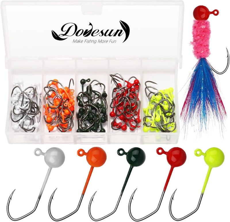 Dovesun 100pcs Fly Tying Jigs Kit, Jig Heads for Fly Fishing 1/124oz 1/80oz 1/64oz 1/32oz 1/16oz Jig Head Small Fly Fishing Hooks DIY Lure Making Kit Suit for Tying Flies | Crappie Lures - Image 1